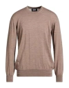 Alpha Studio Man Sweater Taupe Size 42 Merino Wool, Leather In Gray