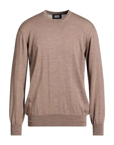 Alpha Studio Man Sweater Taupe Size 42 Merino Wool, Leather In Gray