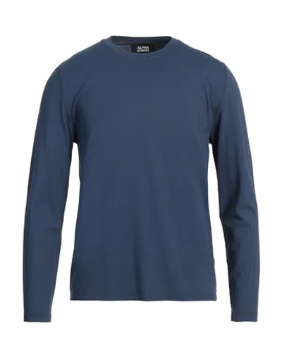 Alpha Studio Man T-shirt Navy Size 40 Cotton, Elastane In Navy Blue
