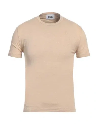 Alpha Studio Man T-shirt Sand Size 40 Linen, Elastane In Beige