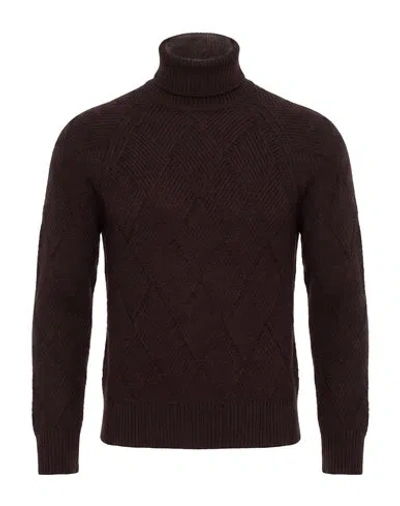 Alpha Studio Man Turtleneck Dark Brown Size 36 Merino Wool In Animal Print