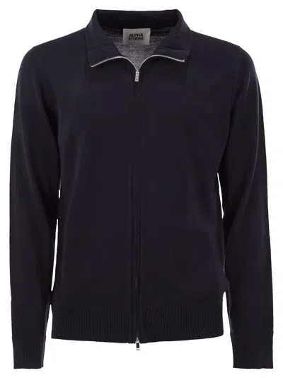 Alpha Studio Merino Wool Zip-up Cardigan In Blue