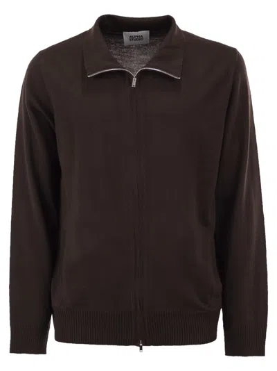 Alpha Studio Merino Wool Zip-up Cardigan In Brown