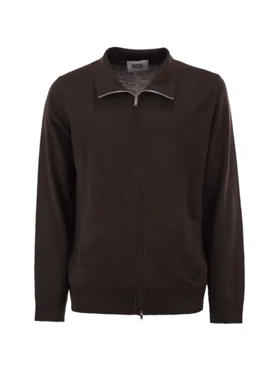 Alpha Studio Merino Wool Zip-up Cardigan In Brown