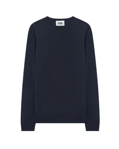 Alpha Studio Midnight Blue Crepe Crewneck Top In Black