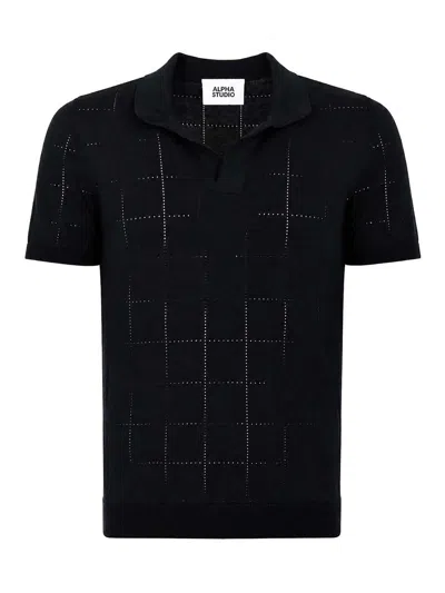 Alpha Studio Midnight Blue Perforated Cotton Polo Shirt In Multi