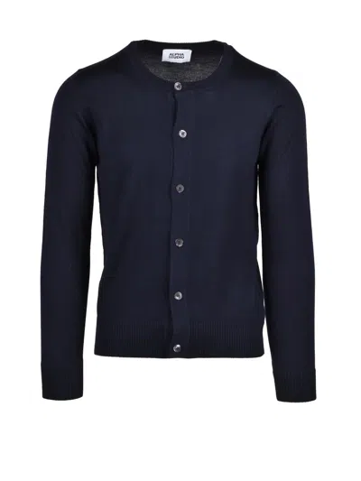 Alpha Studio Navy Blue Button-down Extrafine Merino Wool Cardigan