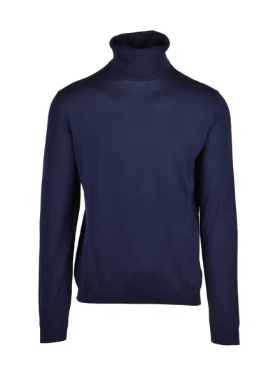 Alpha Studio Navy Blue Cotton Silk Sweater With High Turtleneck And Ribbed Details