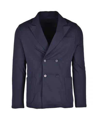 Alpha Studio Navy Blue Double-breasted Cotton Stretch Blazer