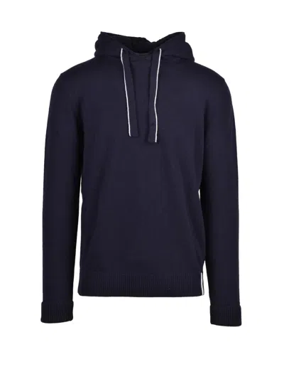 Alpha Studio Navy Knit Sweatshirt With Hood And Drawstrings In Blue