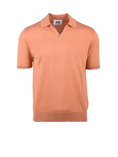 Alpha Studio Peach Cotton Knit Polo In Orange