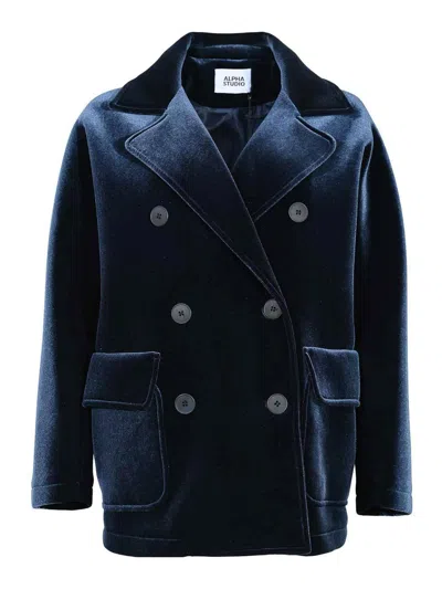 Alpha Studio Peacoat Coat In Bonded Velvet In Blue