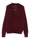 Alpha Studio Long-sleeved Deep V-neck Merino Wool Top In Burgundy