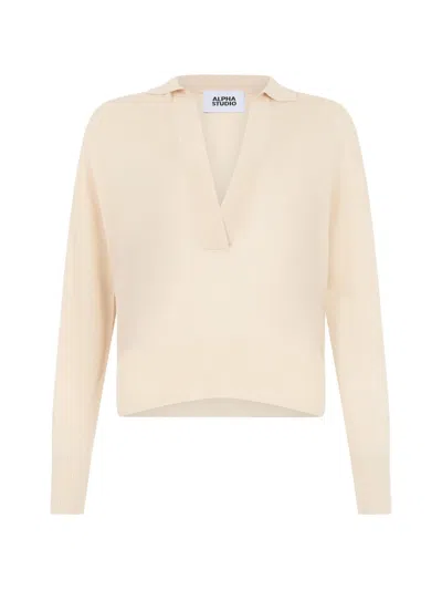 Alpha Studio Polo-collar Sweater In Brown