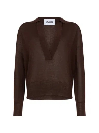 Alpha Studio Polo-collar V-neck Sweater In Brown