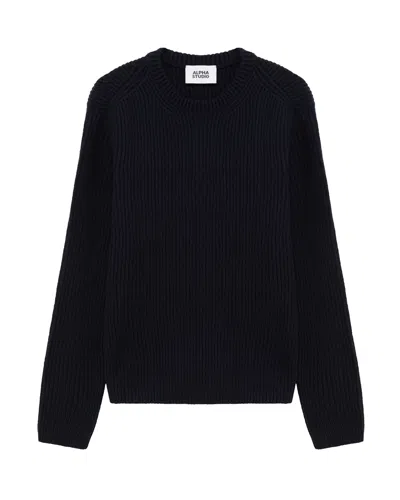Alpha Studio Ribbed Wool Cashmere Crewneck Sweater In Blu Notte