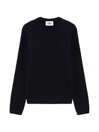Alpha Studio Ribbed-knit Crew-neck Sweater In Black