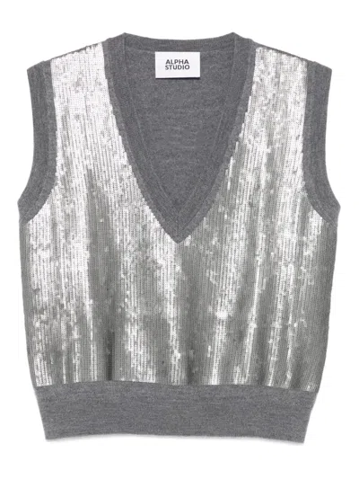 Alpha Studio Sequin-embellished V-neck Knitted Top In Gray