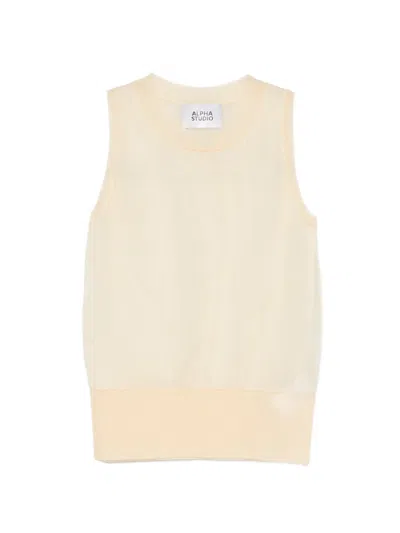 Alpha Studio Sheer Crew Neck Top In Neutral
