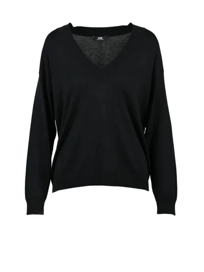 Alpha Studio Silk Cashmere Pullover With V-neck And Ribbed Details In Black