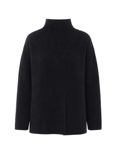 Alpha Studio Stand-up Collar Asymmetrical-split Sweater In Gray