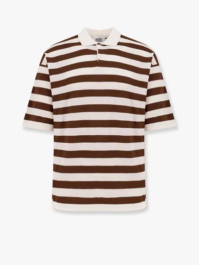 Alpha Studio Striped Cotton Crepe Polo Shirt In Brown