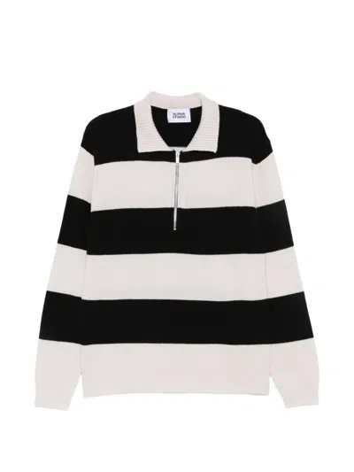 Alpha Studio Striped Quarter-zip Sweater In Black
