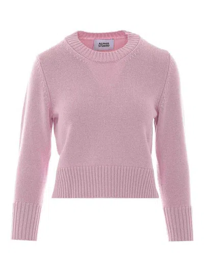 Alpha Studio Ribbed-trim Crew-neck Sweater In Pink