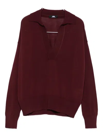 Alpha Studio V-neck Polo-collar Sweater In Burgundy