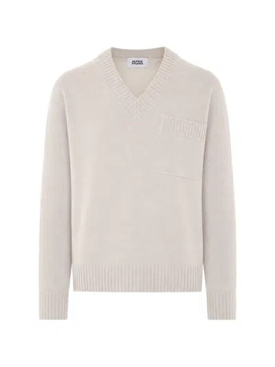 Alpha Studio V-neck Chest-pocket Sweater In Neutral