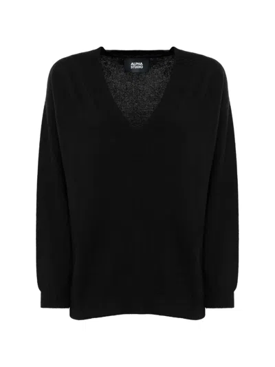 Alpha Studio V-neck Knitted Sweater In Black
