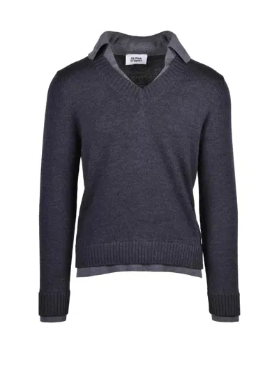 Alpha Studio V-neck Long Sleeve Knit Sweater With Ribbed Cuffs In Black