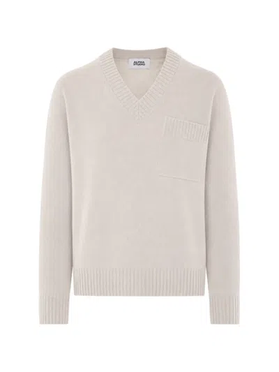 Alpha Studio V-neck Pocket-detail Sweater In White