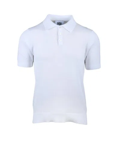 Alpha Studio White Cotton Knit Polo Shirt In Blue