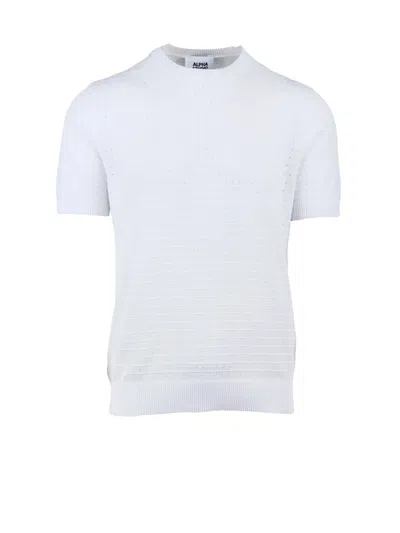 Alpha Studio White Cotton Polyester Crew Neck Knit Top