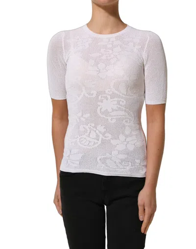 Alpha Studio White Floral Lace Knit Fabric Short Sleeves Blouse Women's Top In Blue