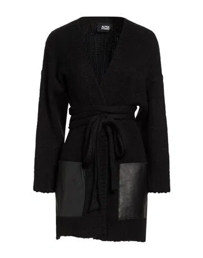 Alpha Studio Woman Cardigan Black Size 6 Alpaca Wool, Recycled Polyamide, Polyamide, Ovine Leather