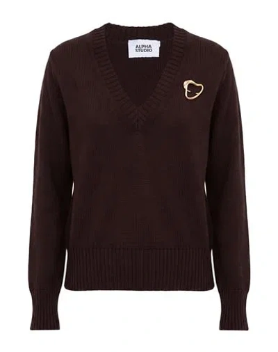 Alpha Studio Woman Sweater Dark Brown Size 6 Merino Wool In Burgundy