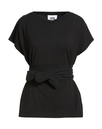 Alpha Studio Woman T-shirt Black Size 12 Cotton, Elastane