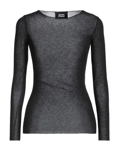 Alpha Studio Woman T-shirt Black Size 12 Viscose, Polyamide, Cashmere, Elastane