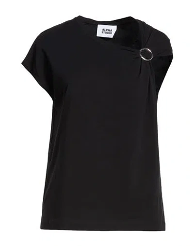 Alpha Studio Woman T-shirt Black Size 14 Cotton, Elastane