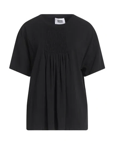 Alpha Studio Woman T-shirt Black Size 8 Cotton, Elastane