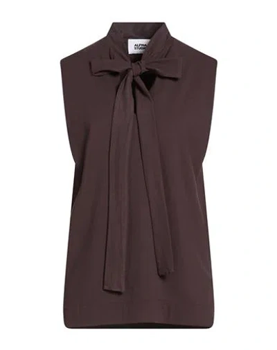 Alpha Studio Woman T-shirt Dark Brown Size 2 Cotton, Elastane