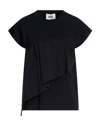 Alpha Studio Woman T-shirt Midnight Blue Size 10 Cotton, Elastane In Black