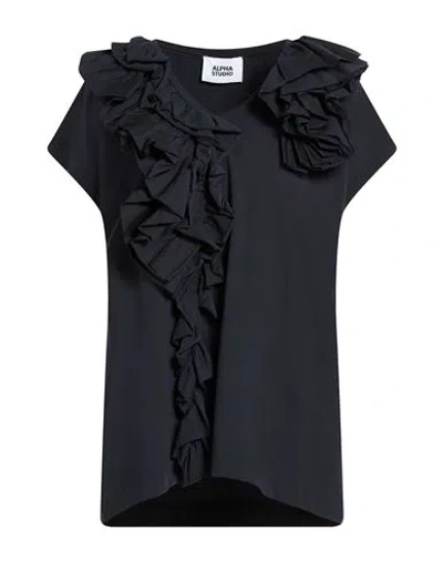 Alpha Studio Woman T-shirt Midnight Blue Size 6 Cotton, Elastane In Black