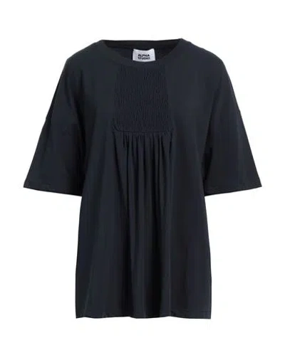 Alpha Studio Woman T-shirt Navy Size 8 Cotton, Elastane In Navy Blue