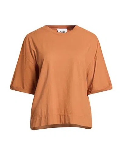 Alpha Studio Woman T-shirt Tan Size 8 Cotton, Elastane In Brown