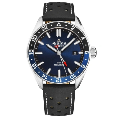 Pre-owned Alpina Mens 'alpiner' Gmt Navy Dial Black Leather Strap Quartz Watch Al-247nb4e6