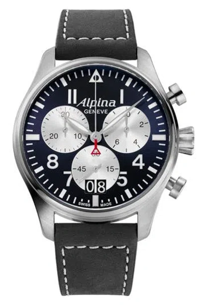 Alpina Startimer Pilot Chronograph Leather Strap Watch, 44mm In Silver-tone