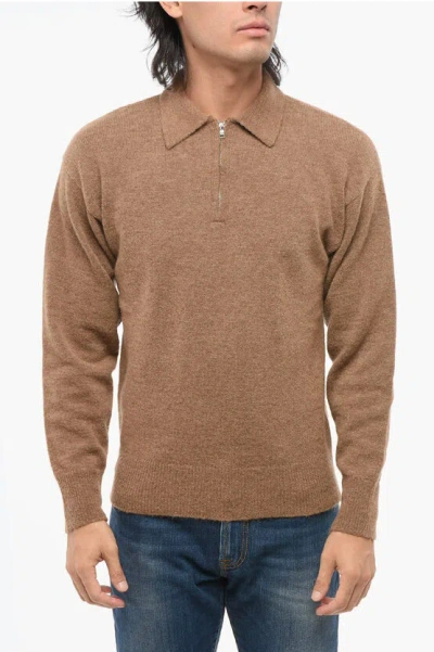 Altea Alpaca Blend Sweater With Polo Neck And Half Zip In Brown